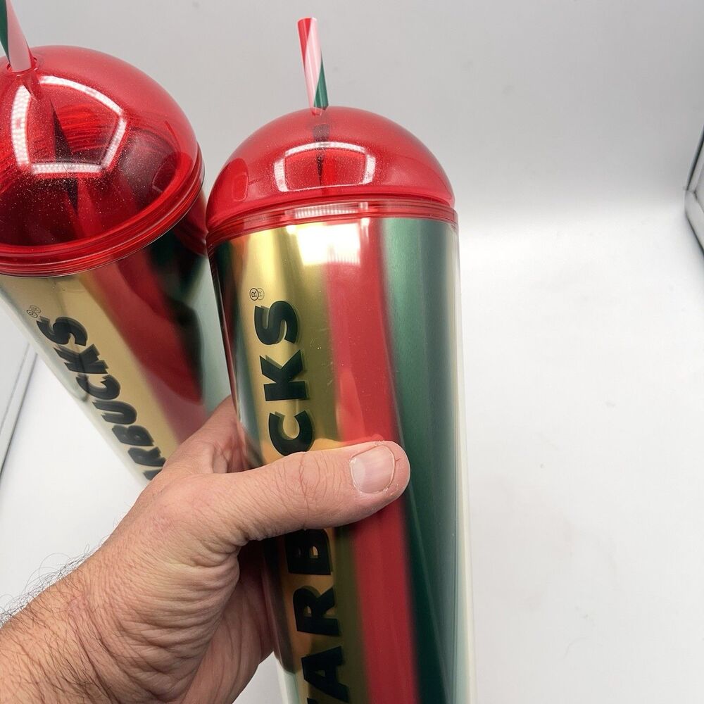 Starbucks 2024 Metallic Red, Green & Gold Stripe Cold Cup - Set Of 2 - Picture 16 of 16